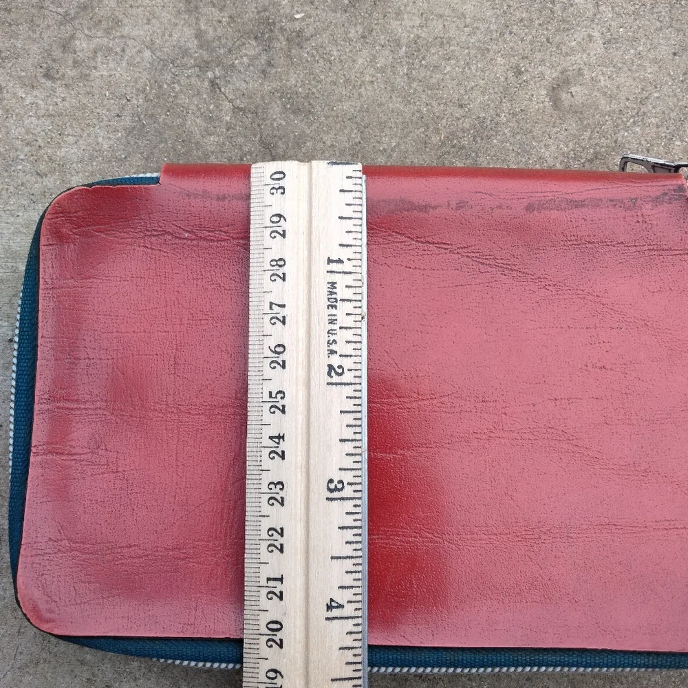 Vintage 80's Red Leather Double Zipper Pencil Case Pen Pouch Stationery Storage